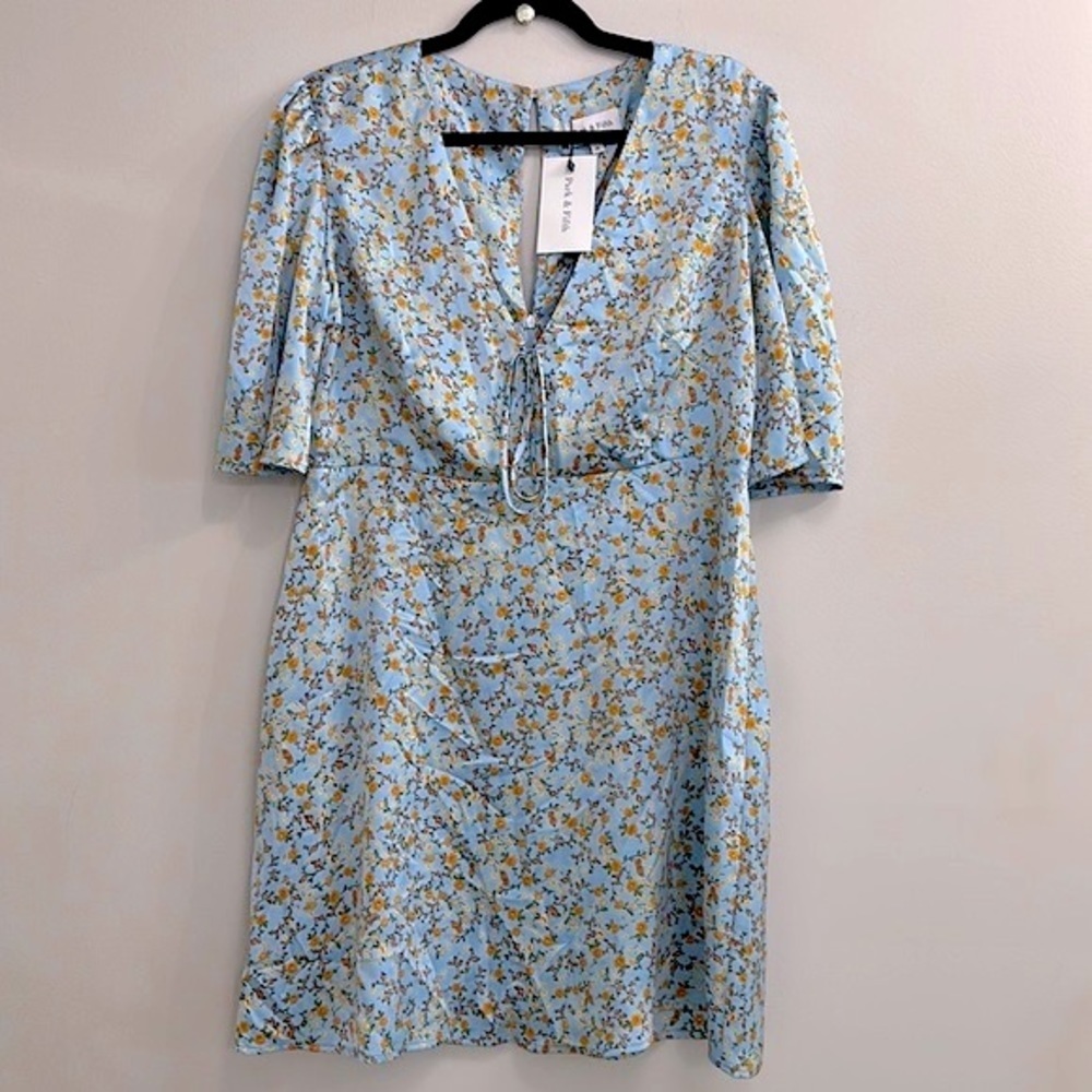 NWT Park and fifth Kendal Tie Mini Dress Blue Posy Satin size XL